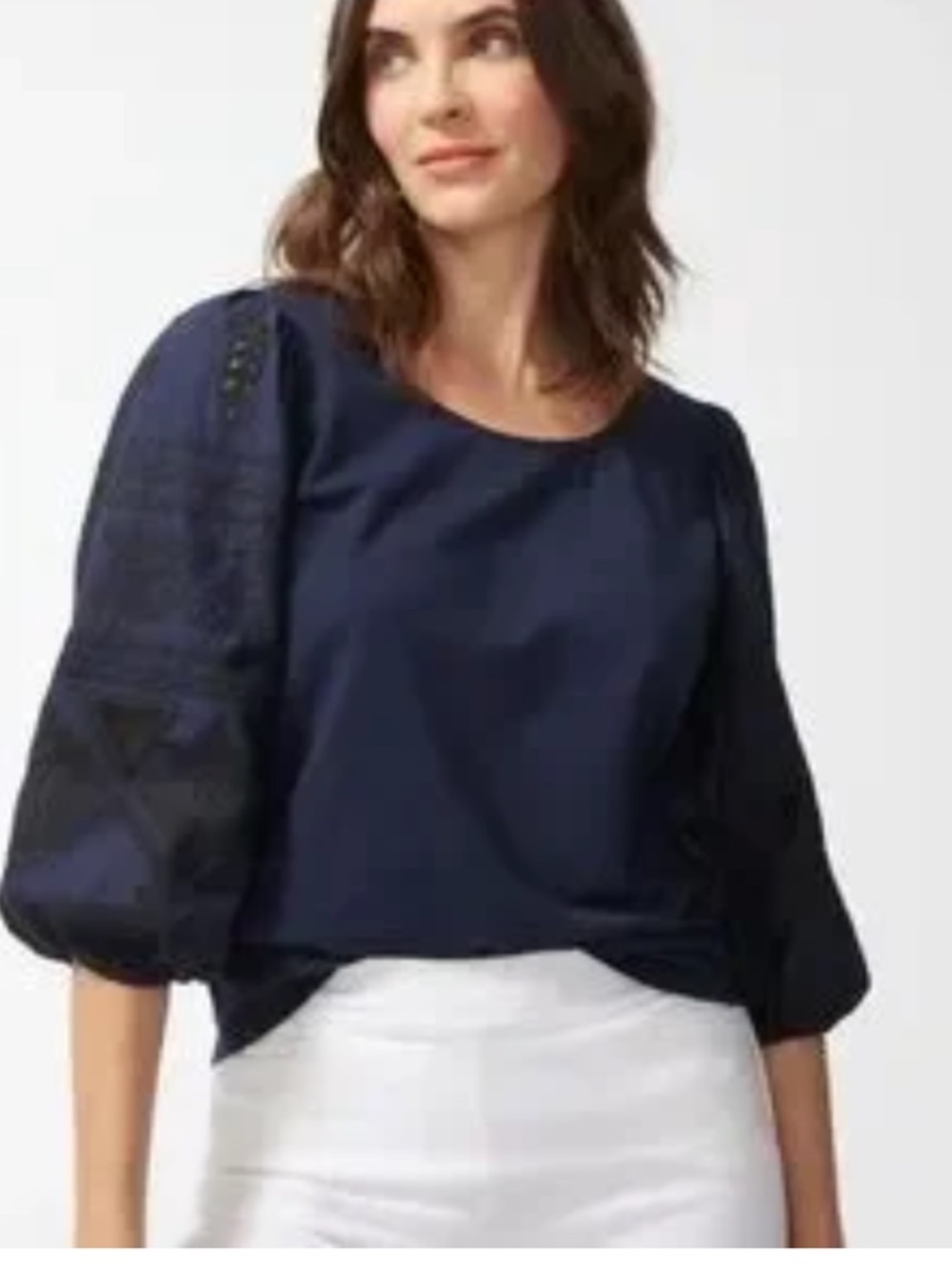 Chico’s Navy Puff Sleeve Blouse W/ Embroidery And Eyelet Detail Size L